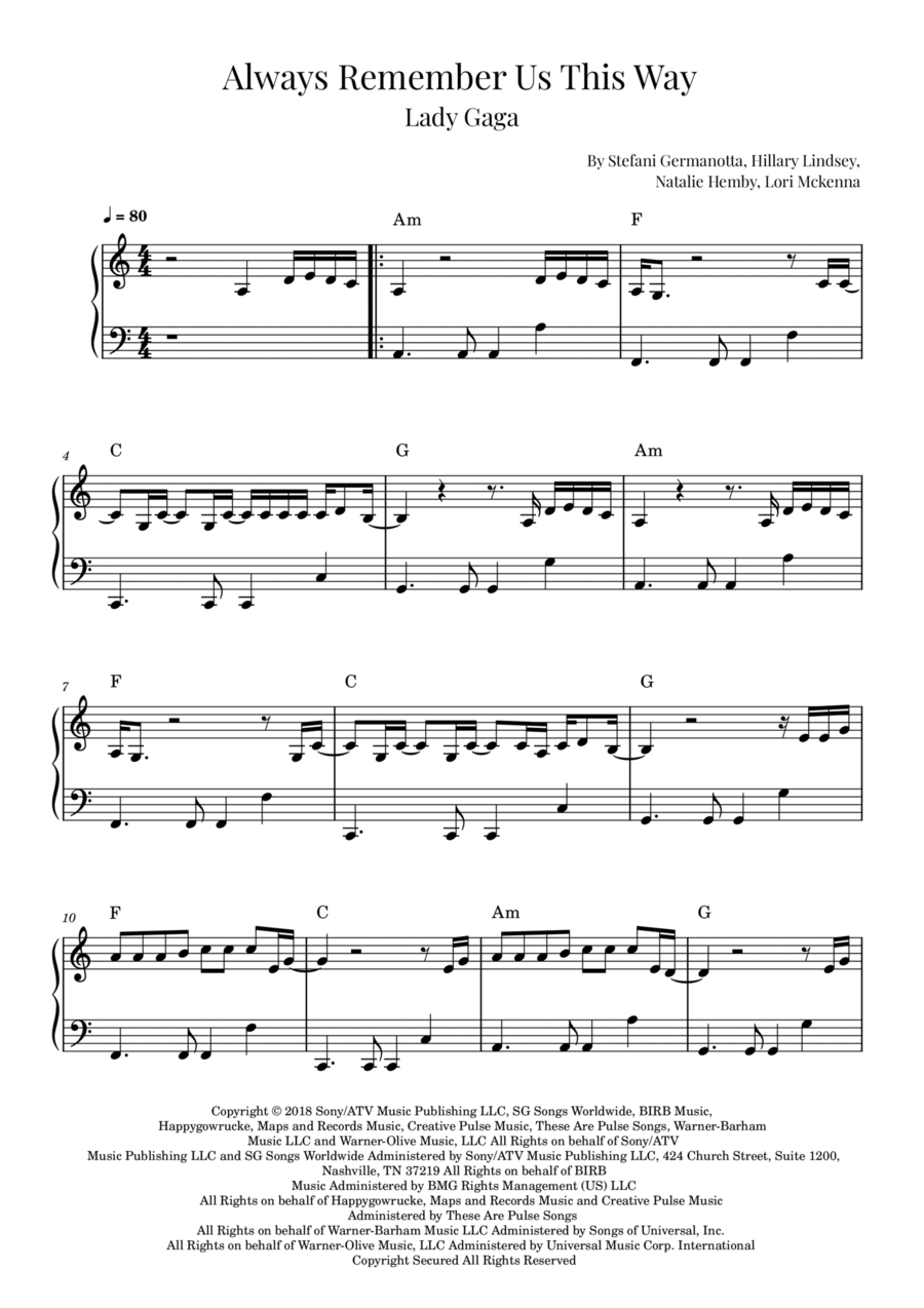 Always Remember Us This Way Easy Piano scores gallery preview page 1