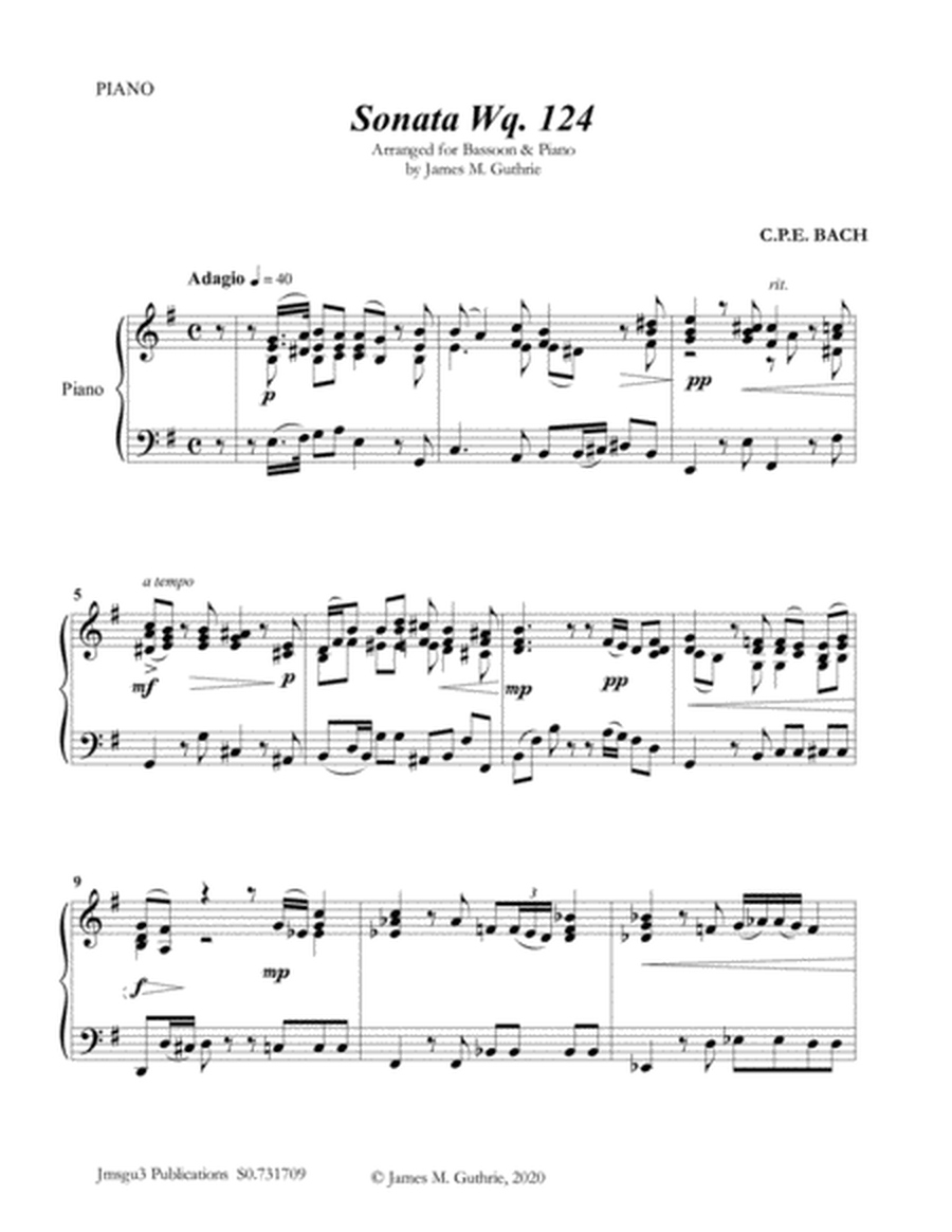 CPE BACH: Sonata in E Minor WQ124 for Bassoon & Piano image number null