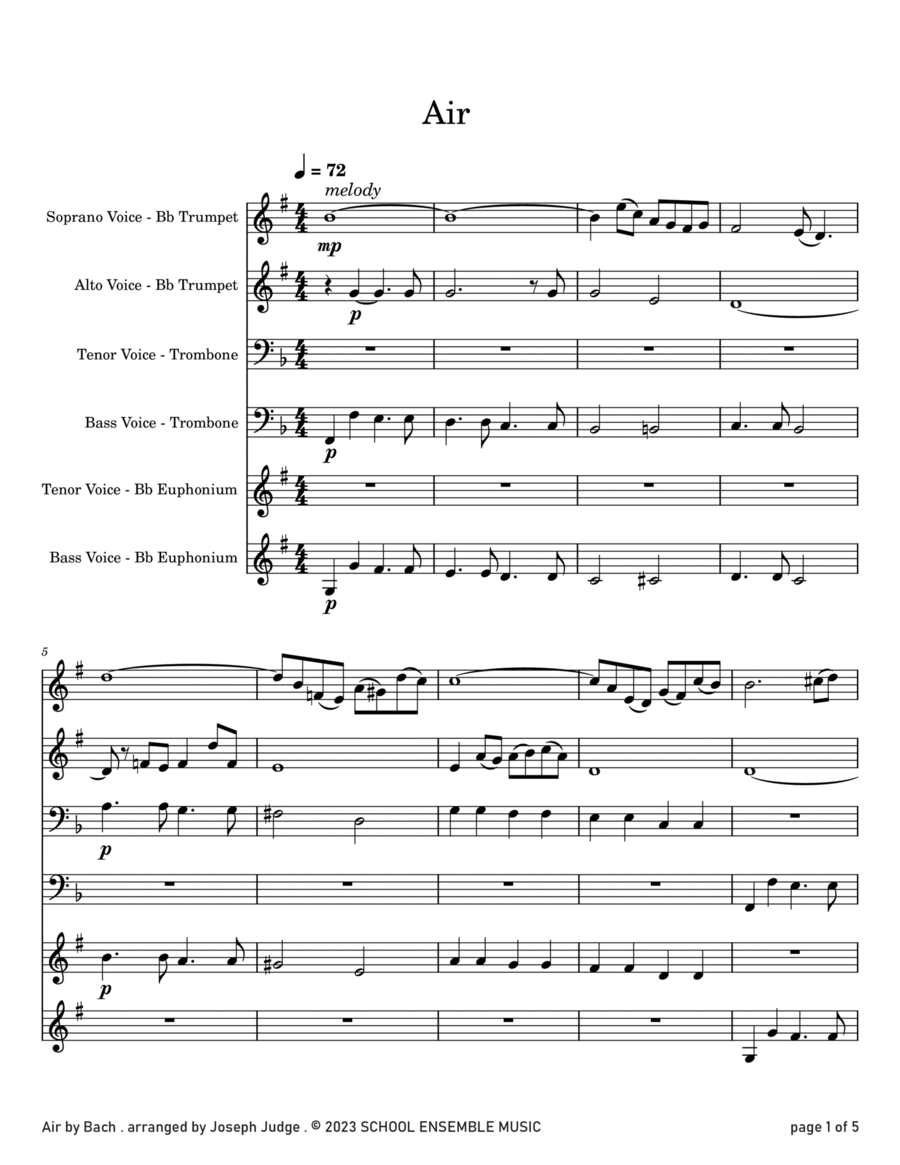 Air by Bach for Brass Quartet in Schools Brass Quartet scores gallery preview page 1