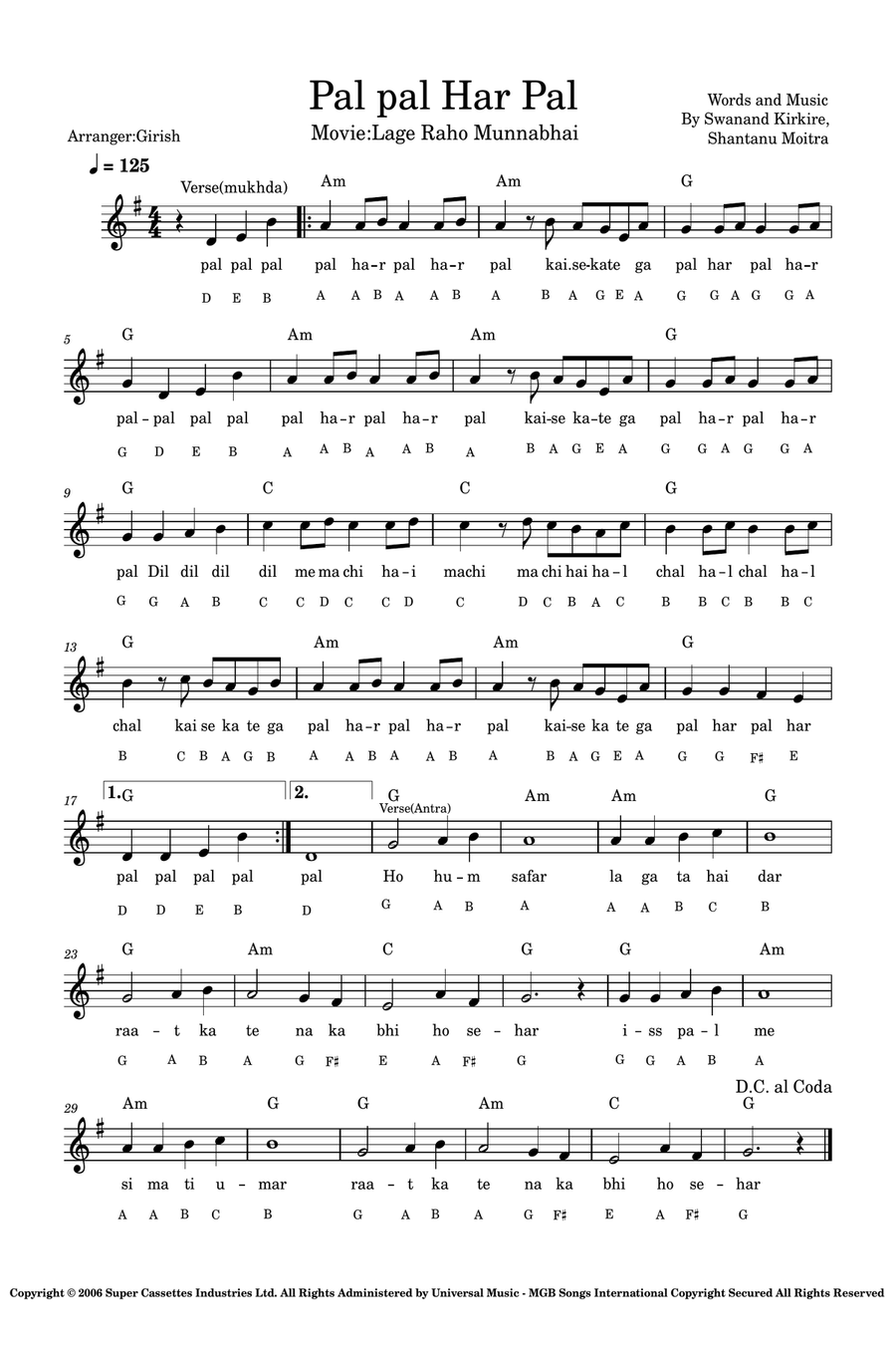 Pal Pal Har Pal Piano scores gallery preview page 1
