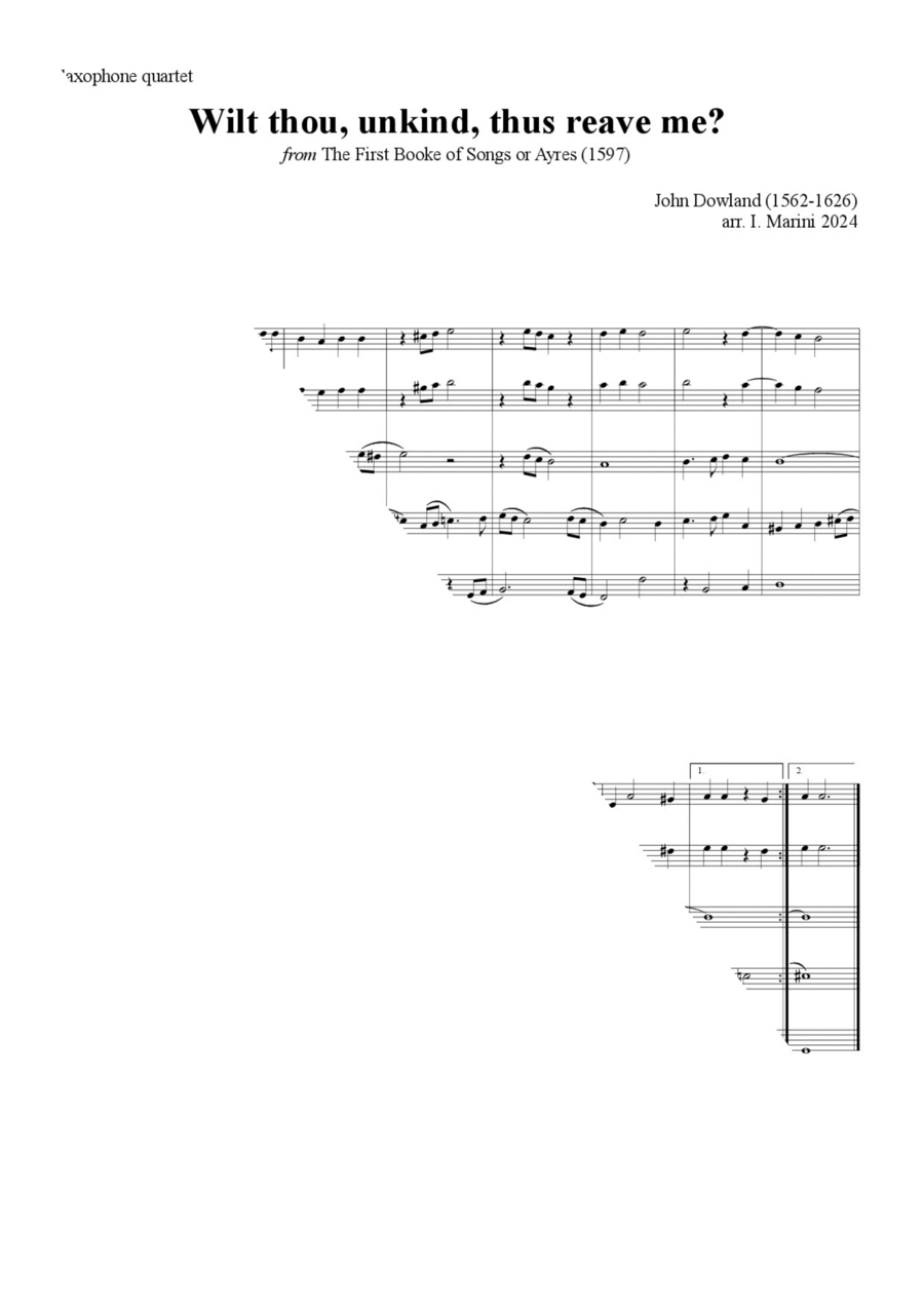 Wilt thou, unkind, thus reave me? Saxophone Quartet scores gallery preview page 1