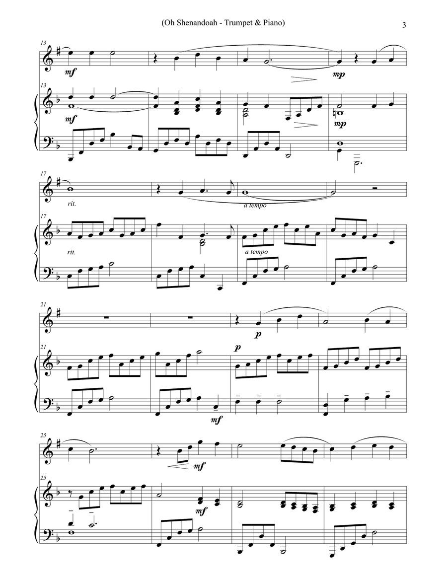 Oh Shenandoah - Solo Trumpet & Piano image number null