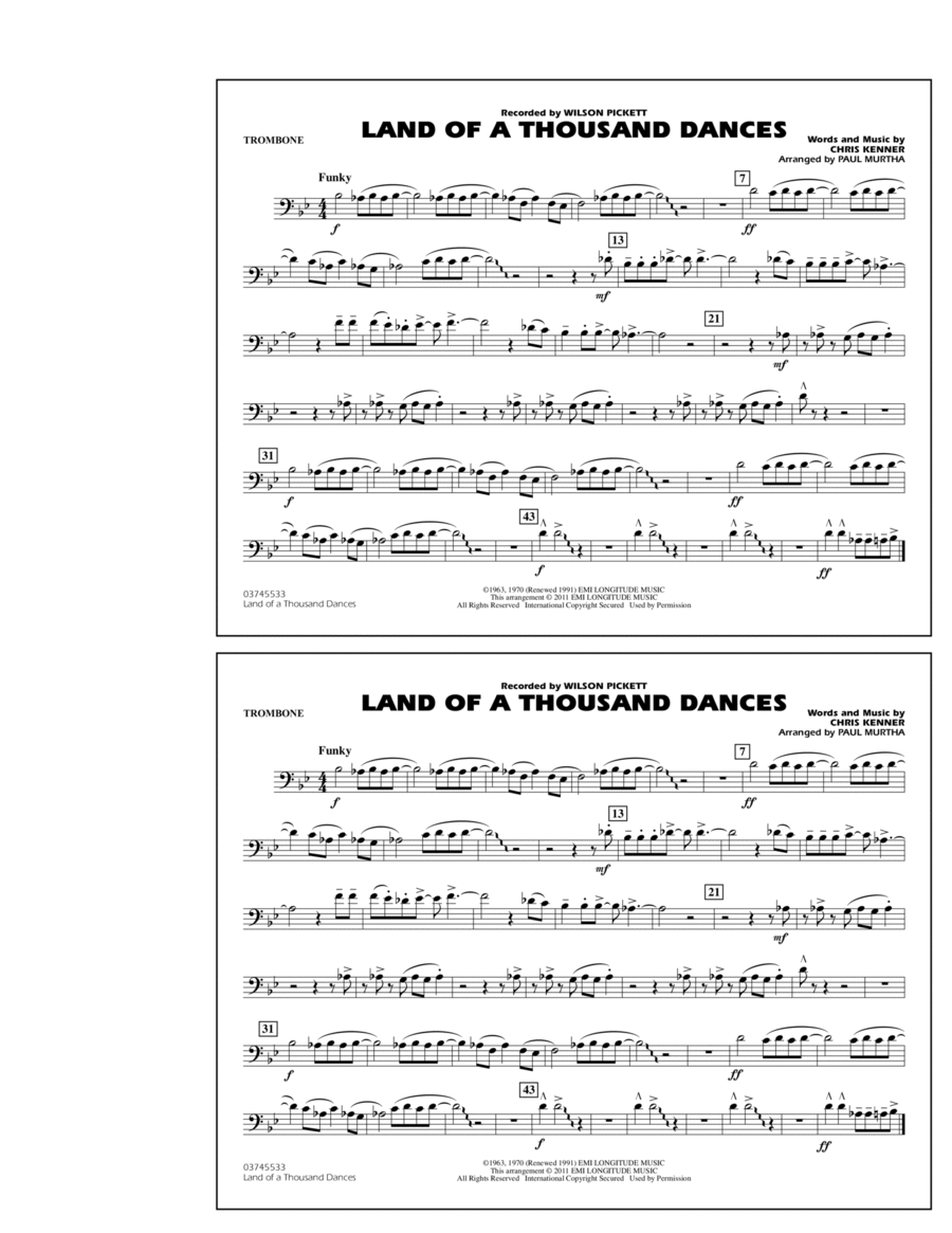 Land Of A Thousand Dances - Trombone Marching Band scores gallery preview page 1