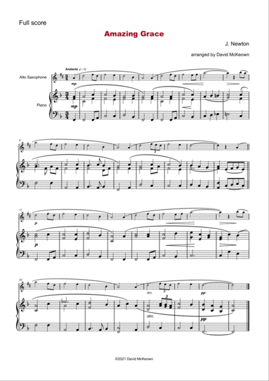 Amazing Grace, Gospel Hymn for Alto Saxophone and Piano Alto Saxophone scores gallery preview page 2
