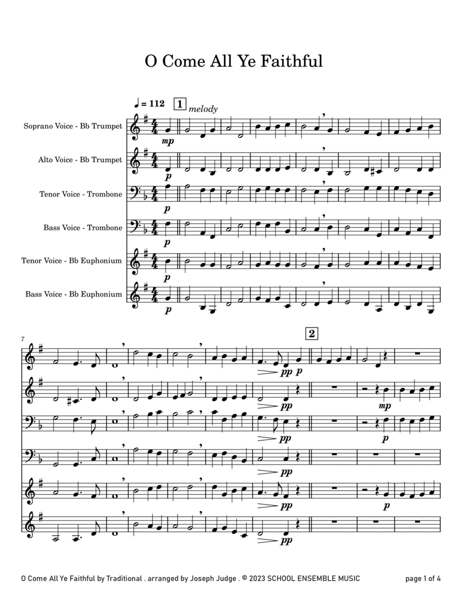 O Come All Ye Faithfull for Brass Quartet in Schools Brass Quartet scores gallery preview page 1