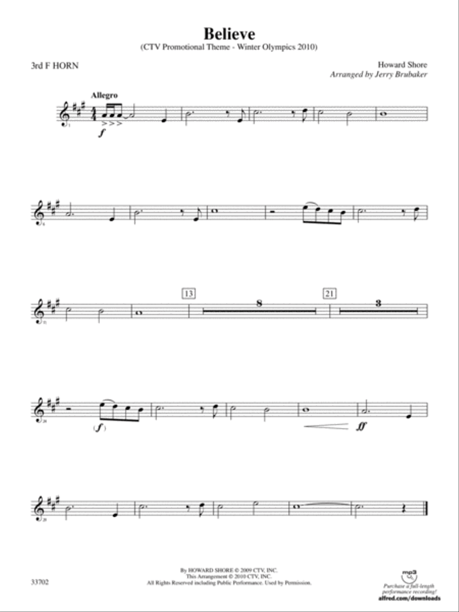 Believe (Winter Olympics 2010): 3rd F Horn Full Orchestra scores gallery preview page 1
