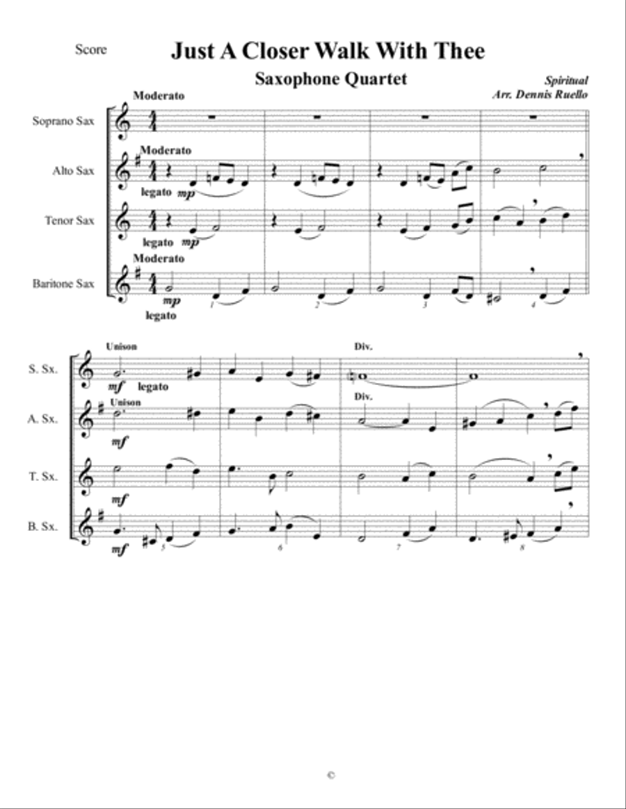 Just A Closer Walk With Thee - Saxophone Quartet (SATB or AATB) - Jazz Funeral Style Saxophone Quartet scores gallery preview page 1