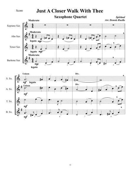 Just A Closer Walk With Thee - Saxophone Quartet (SATB or AATB) - Jazz Funeral Style image number null