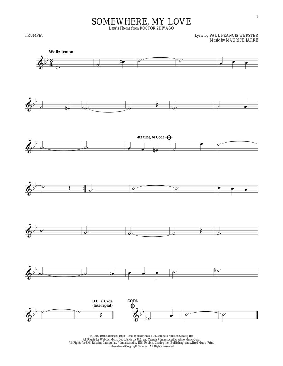 Somewhere, My Love Somewhere, My Love Trumpet Solo scores gallery preview page 1