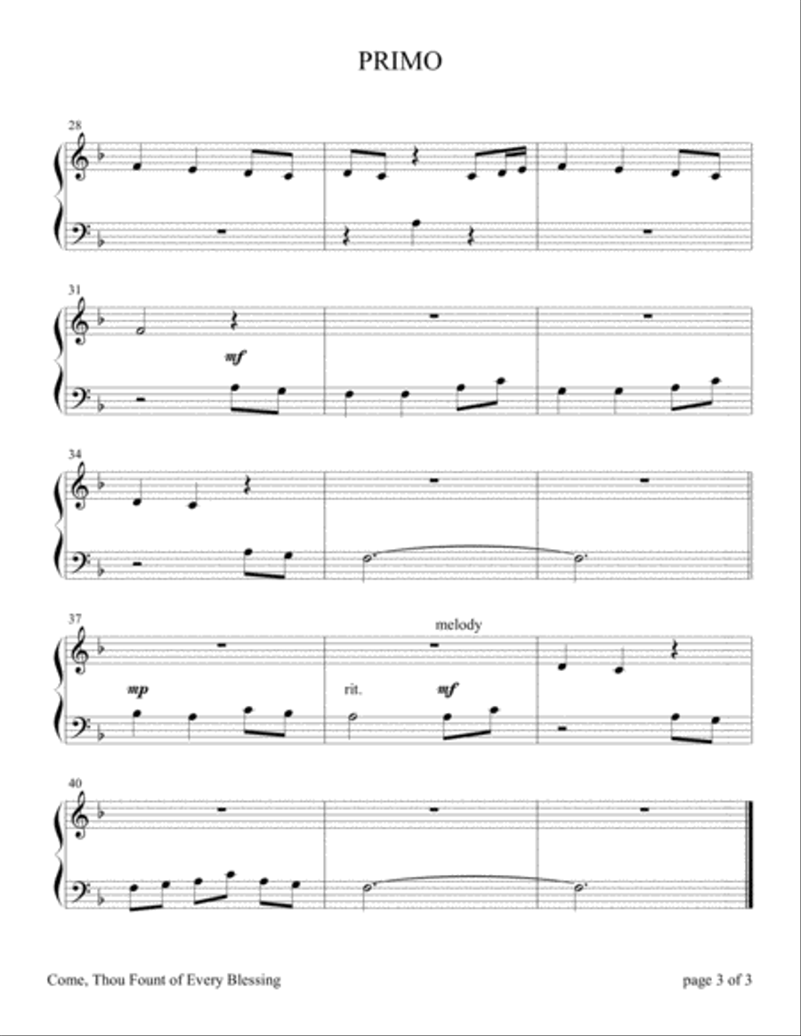 Come, Thou Fount of Every Blessing (Easy Piano Duet, 1 Piano, 4 Hands) Easy Piano scores gallery preview page 3