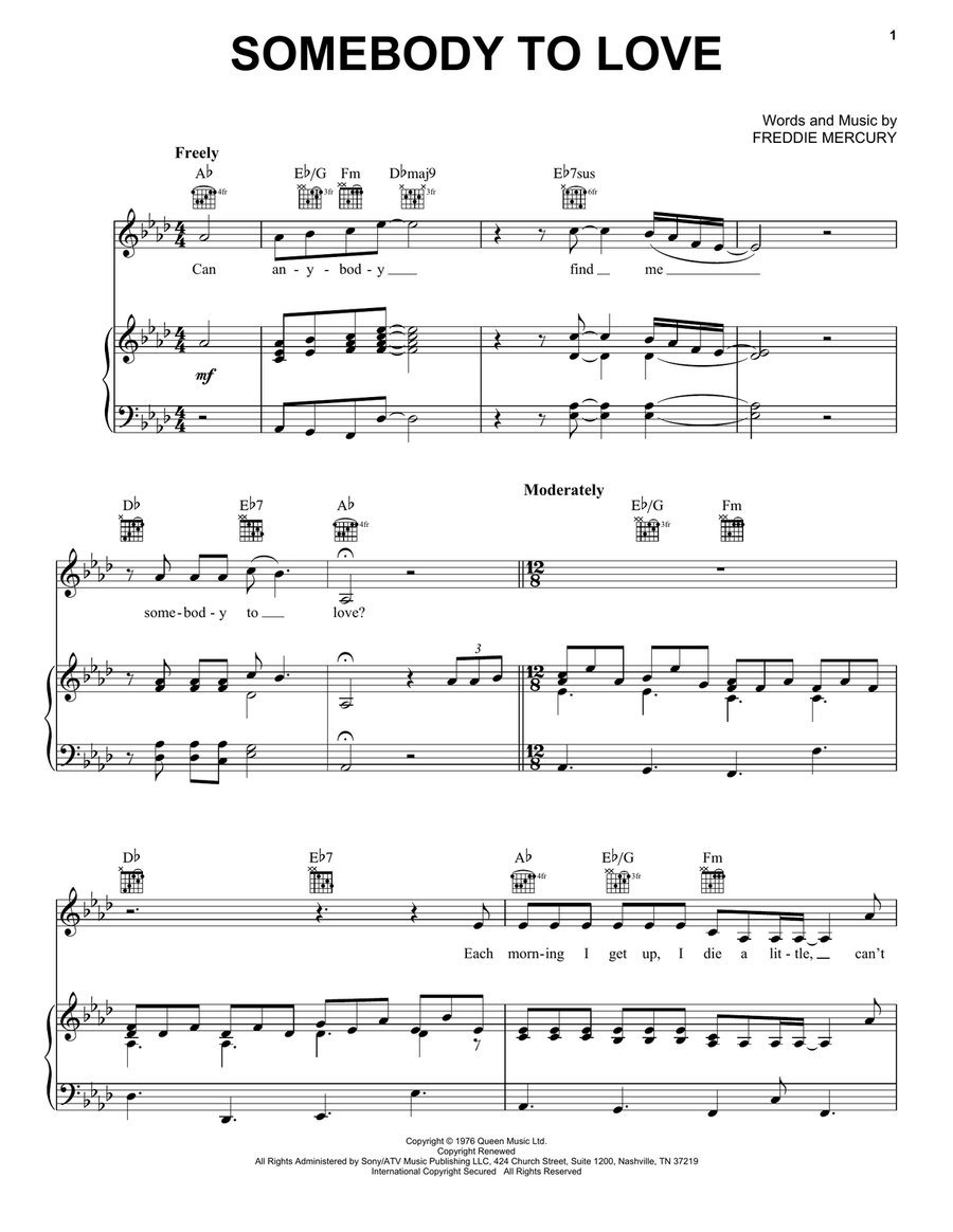 Somebody To Love Somebody To Love Piano, Vocal, Guitar scores gallery preview page 1