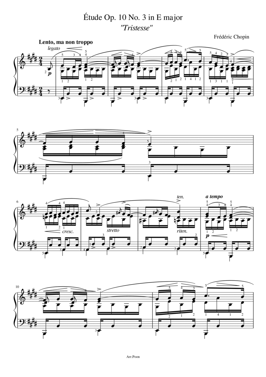 Chopin - Étude Op. 10 No. 3 in E major - Tristesse - Original With Fingered Piano Solo scores gallery preview page 1