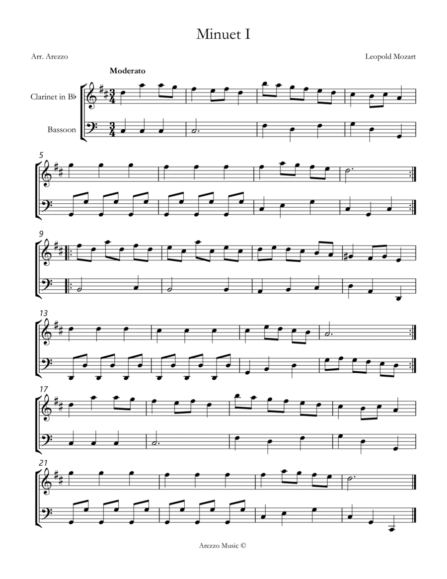 leopold mozart notebook for wolfgang minuet I Clarinet and Bassoon sheet music Woodwind Duet scores gallery preview page 1