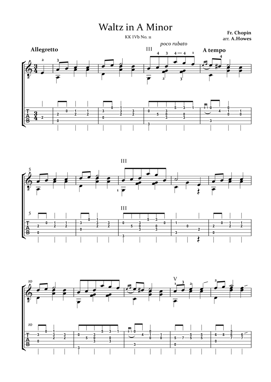 Chopin: Waltz in A Minor with Tab. Classical Guitar scores gallery preview page 1