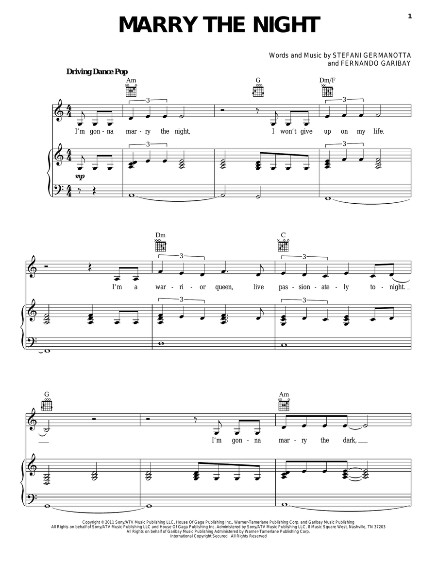 Marry The Night Piano, Vocal, Guitar scores gallery preview page 1