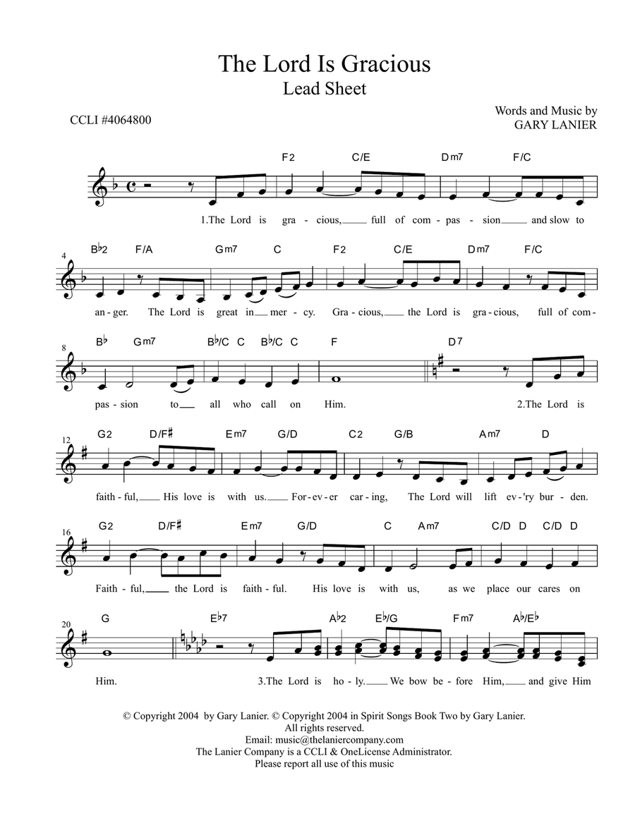 THE LORD IS GRACIOUS, Worship Lead Sheet (Includes Melody, Lyrics & Chords) Piano scores gallery preview page 2