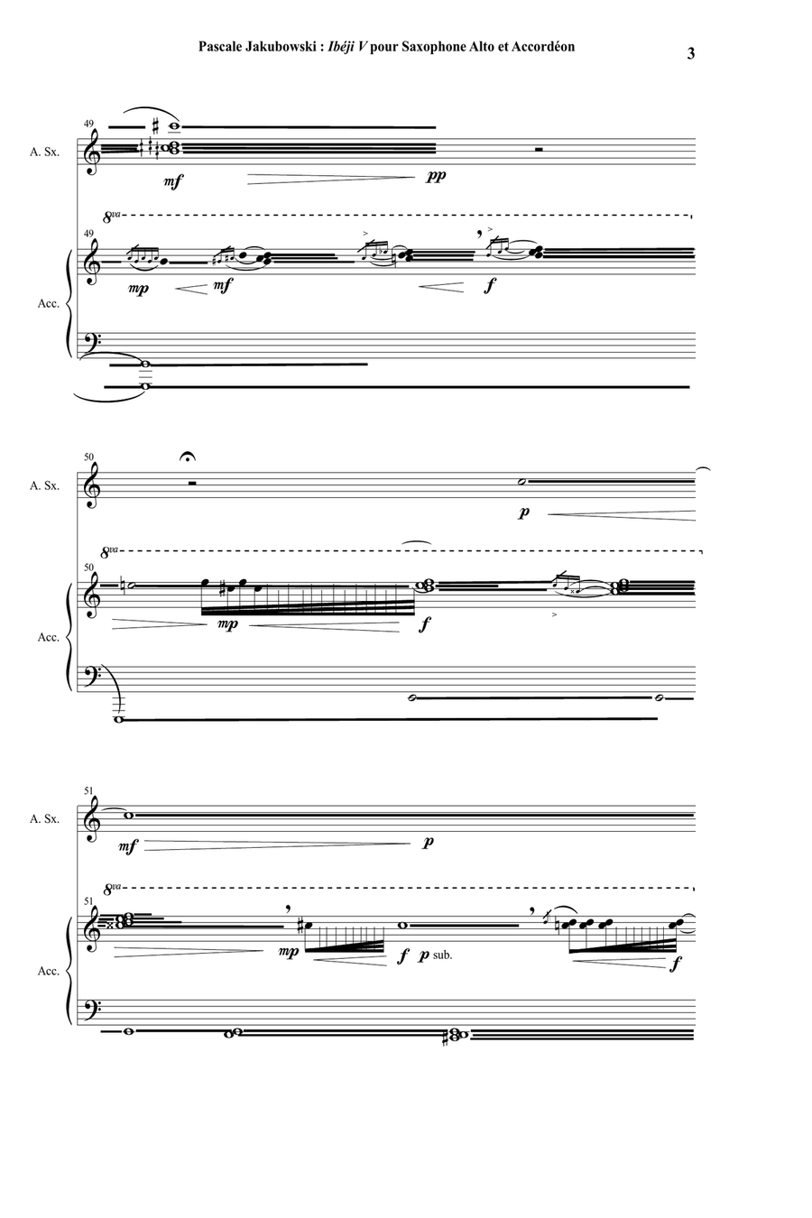 Pascale Jakubowski : Ibéji IV for alto saxophone and accordion Chamber Music scores gallery preview page 3