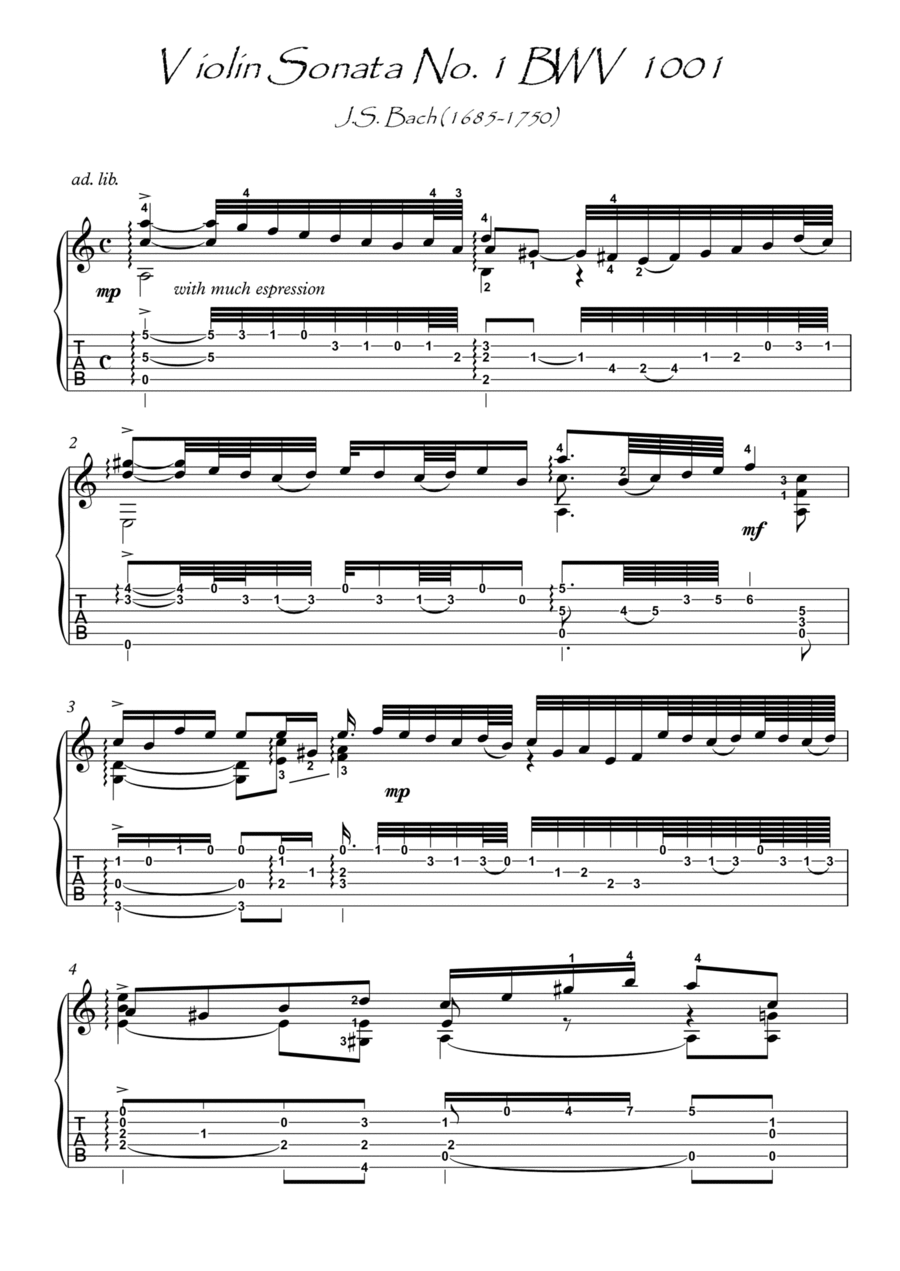 Bach BWV 1001 Adagio guitar solo Acoustic Guitar scores gallery preview page 1