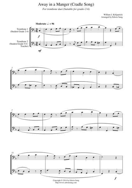 Away in a Manger (Cradle Song) (for trombone duet, suitable for grades 2-6) image number null