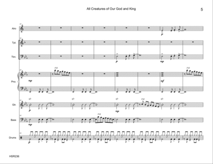 ALL CREATURES OF OUR GOD AND KING - Alto Sax, Trumpet, Trombone & Rhythm Section Large Ensemble scores gallery preview page 5