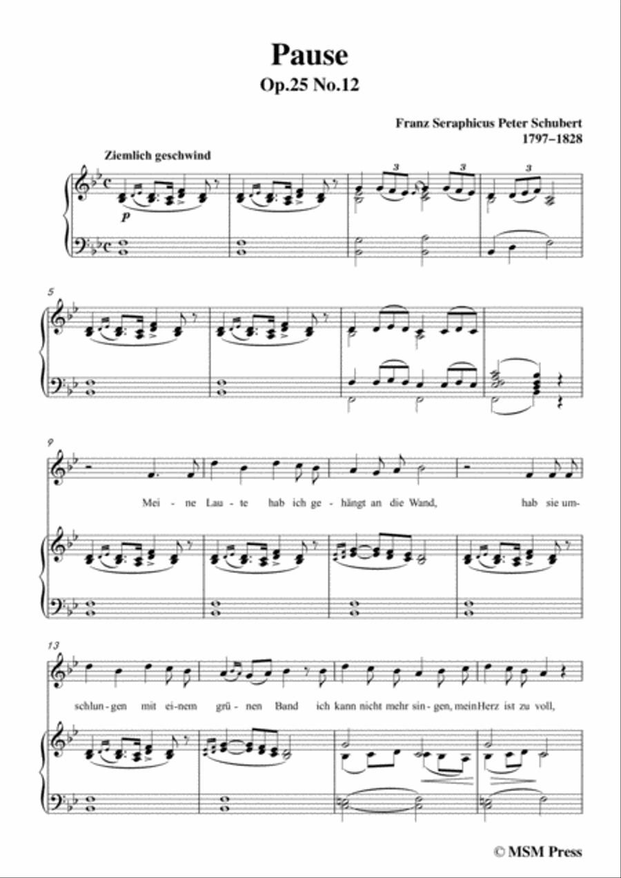 Schubert-Pause,from 'Die Schöne Müllerin',Op.25 No.12,in B flat Major,for Voice&Piano Voice scores gallery preview page 3