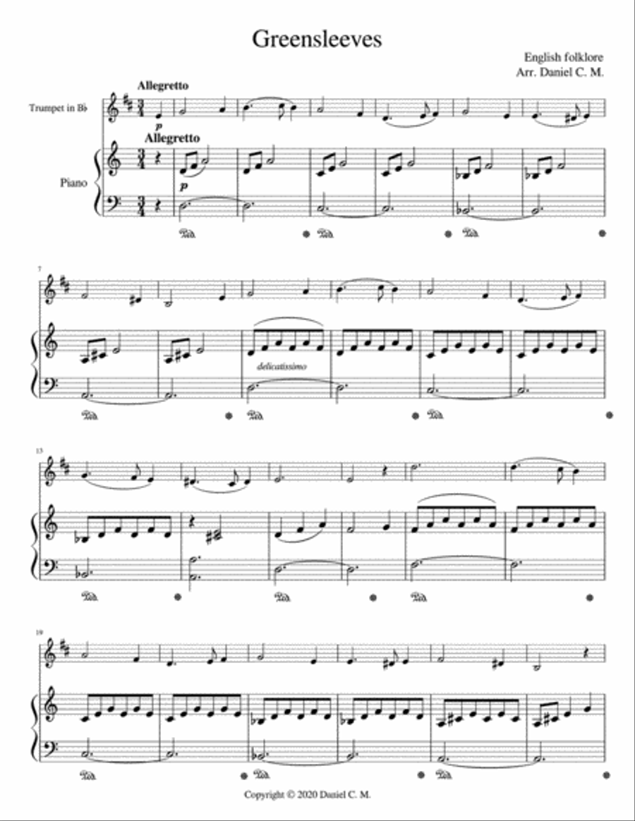 Greensleeves for Bb trumpet and piano B-Flat Trumpet scores gallery preview page 2