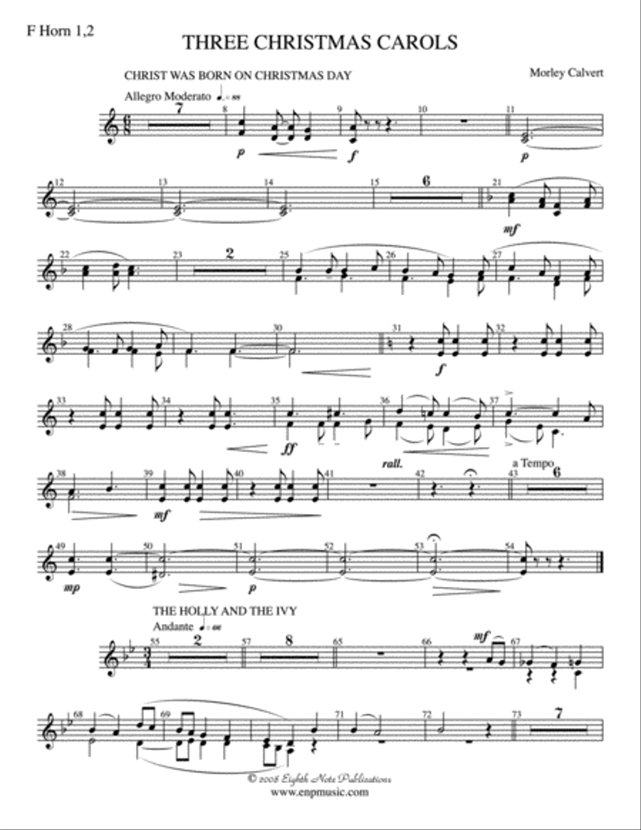 Three Christmas Carols: 1st & 2nd F Horns Concert Band scores gallery preview page 1