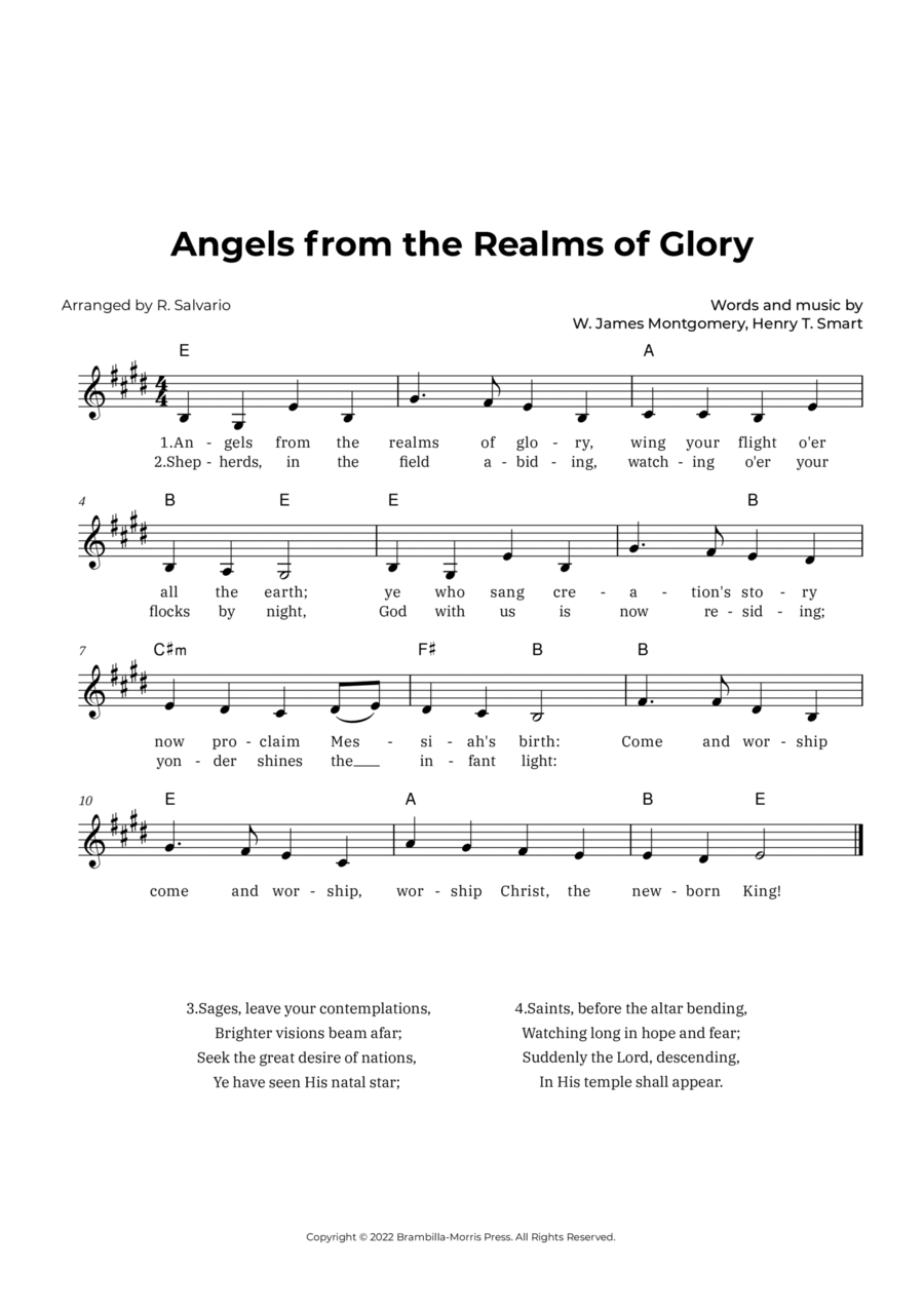 Angels from the Realms of Glory (Key of E Major) Easy Piano scores gallery preview page 1
