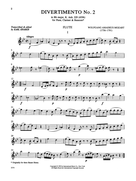 Divertimento No. 2 In B Flat Major, K. 439B (Anh. 229) For Flute, Clarinet & Bassoon