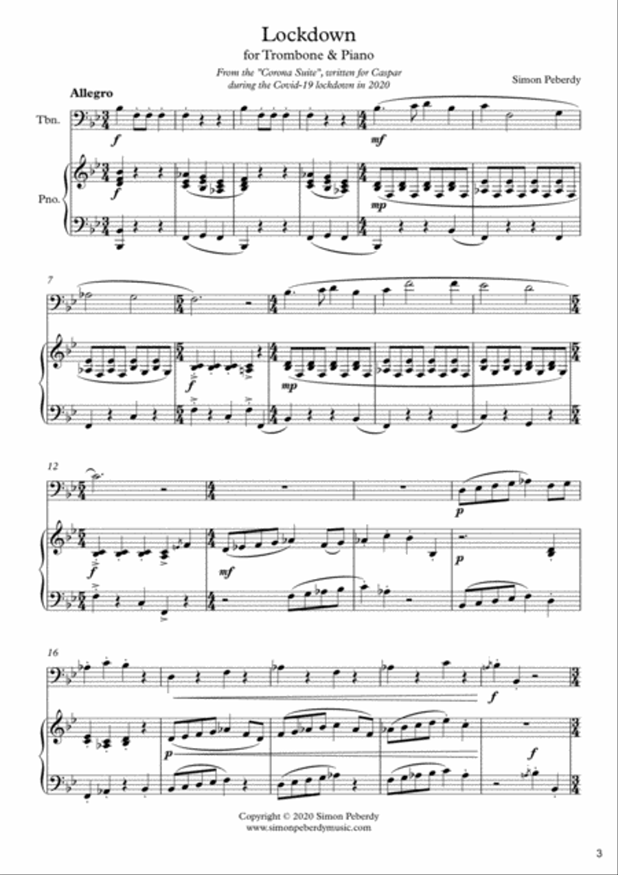 Corona Suite, 5 new pieces for Trombone and Piano by Simon Peberdy image number null