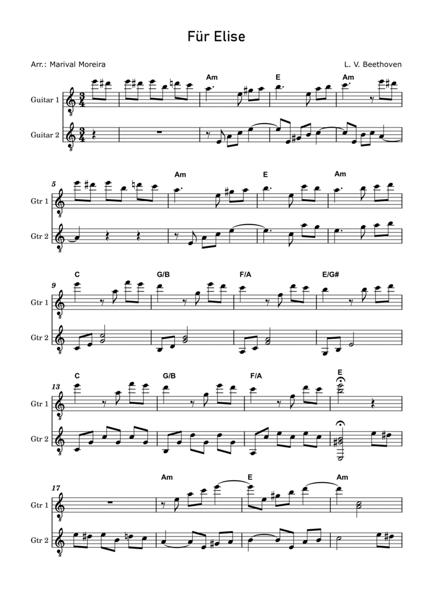 Fur Elise - Beethoven (Guitar Duet) Score and Chords image number null