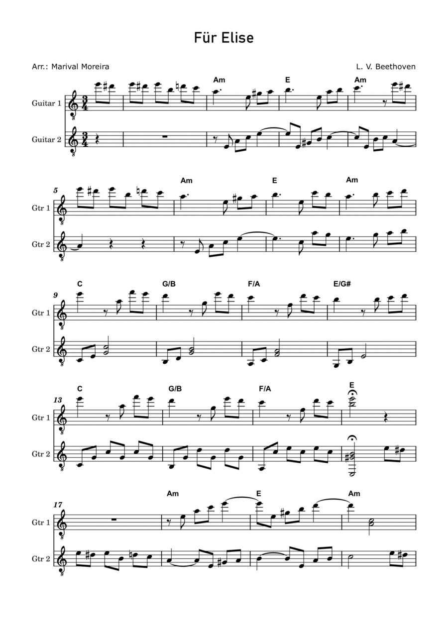 Fur Elise - Beethoven (Guitar Duet) Score and Chords Acoustic Guitar scores gallery preview page 1