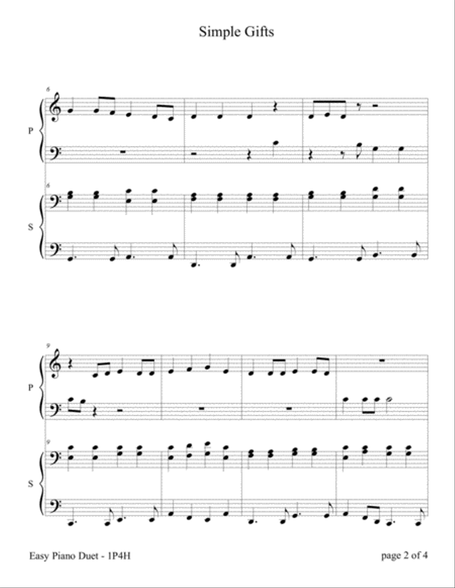 Simple Gifts (Easy Piano Duet; 1 Piano, 4 Hands) Easy Piano scores gallery preview page 5