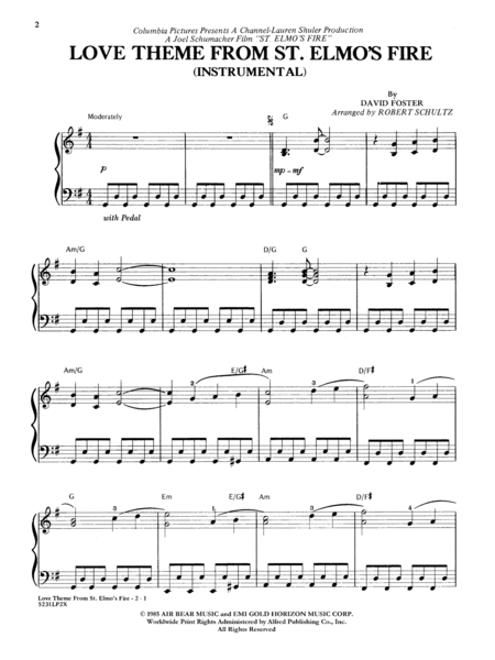 St. Elmo's Fire, Love Theme from (Instrumental) by David "Babyface" Foster Piano Solo - Sheet Music