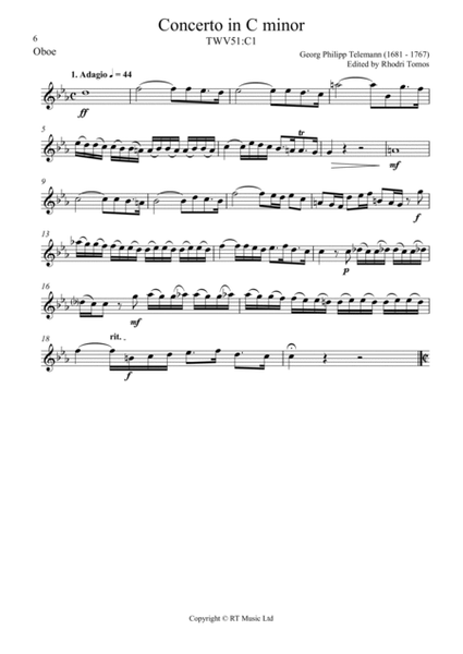 Telemann TWV51:C1 Concerto in C minor. Solo sheet music trumpets oboe.