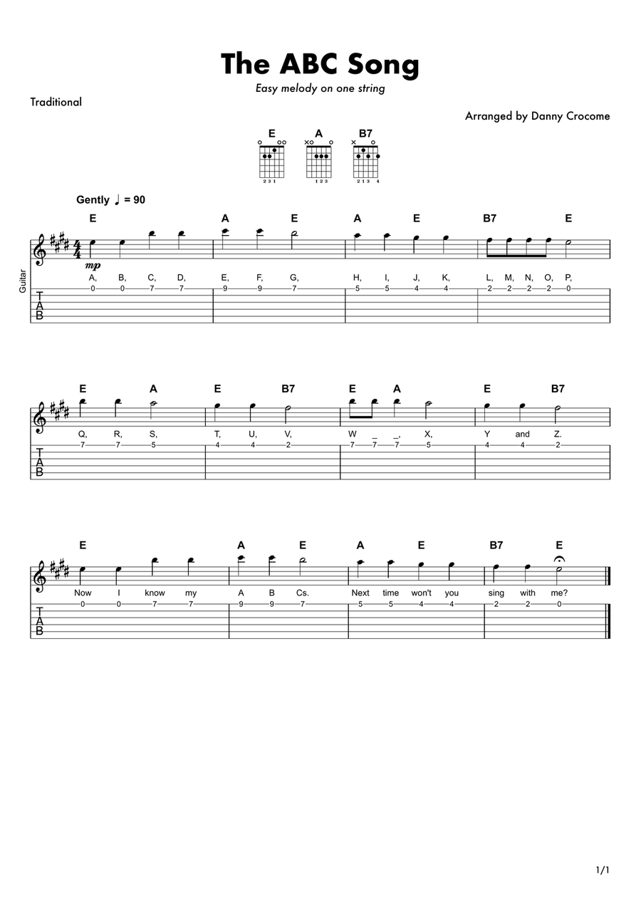 The ABC Song (one string melody) Acoustic Guitar scores gallery preview page 1