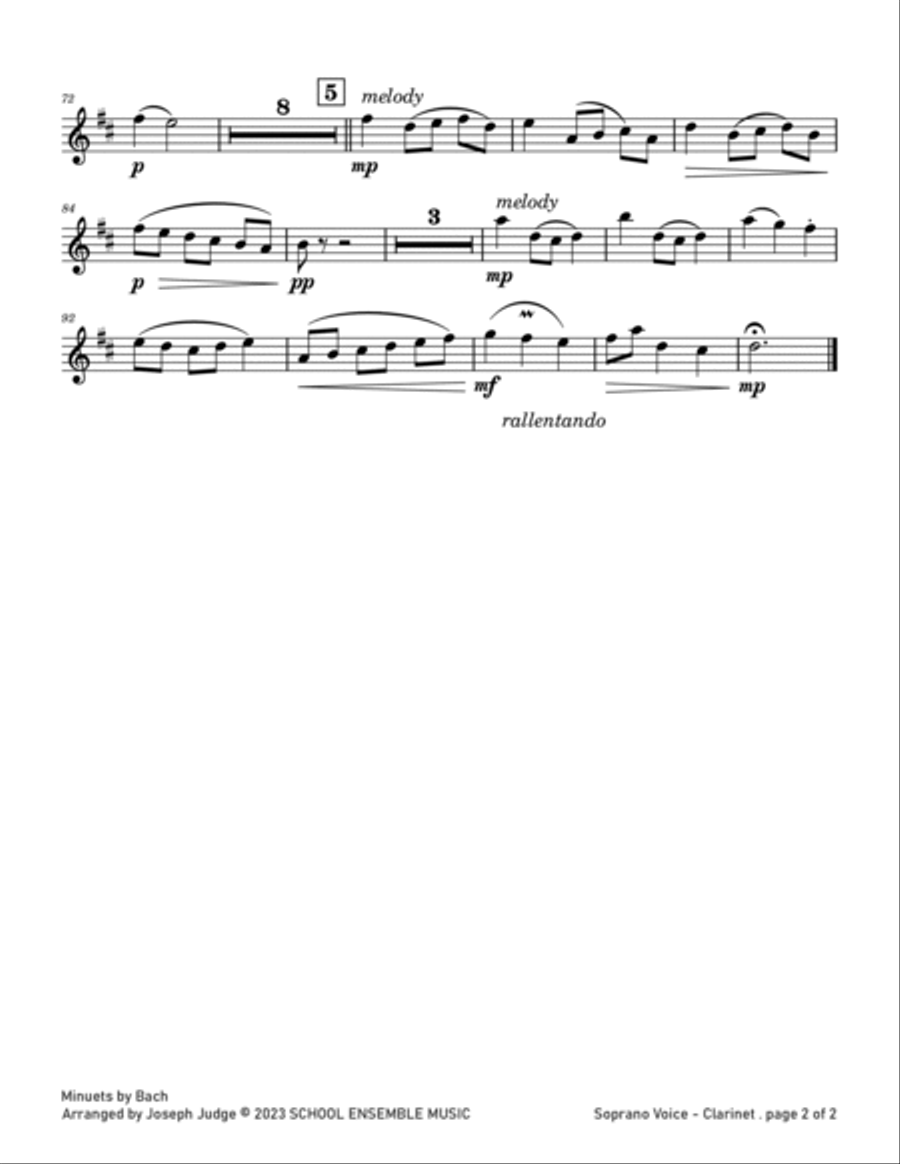 Minuets by Bach for Clarinet Quartet in Schools Clarinet Quartet scores gallery preview page 6
