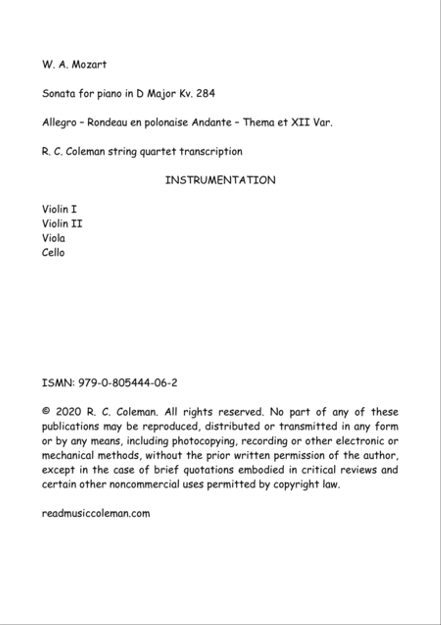 Mozart Sonata kv. 284 for String quartet String Quartet scores gallery preview page 2