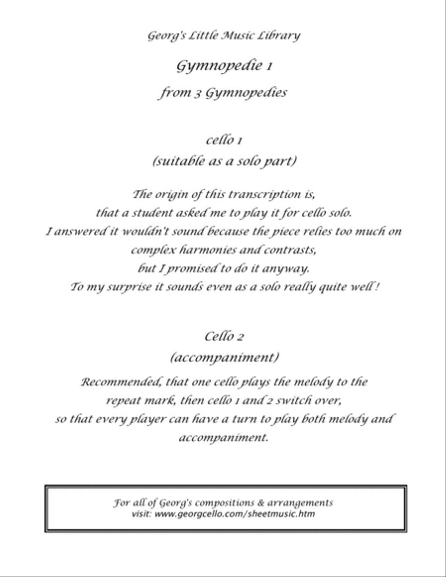 Satie Gymnopedie I for 2 cellos String Duet scores gallery preview page 3