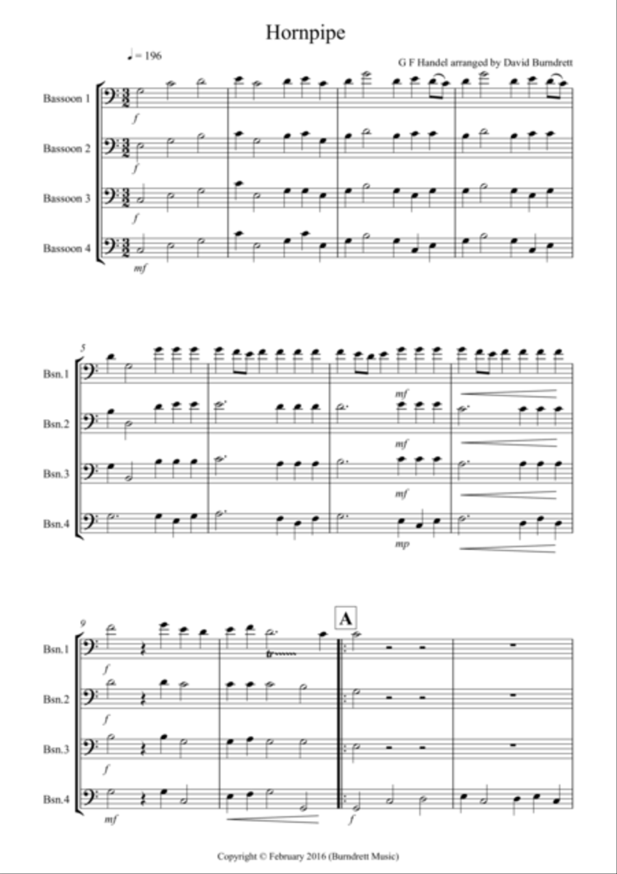 Hornpipe from Handel's Water Music for Bassoon Quartet Bassoon Quartet scores gallery preview page 1