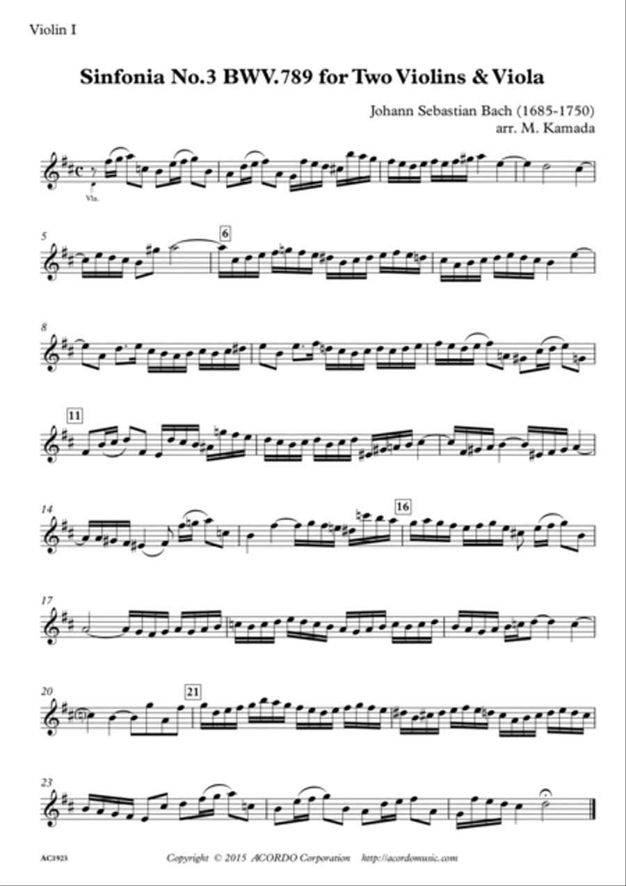 Sinfonia No.3 BWV.789 for Two Violins & Viola String Duet scores gallery preview page 3