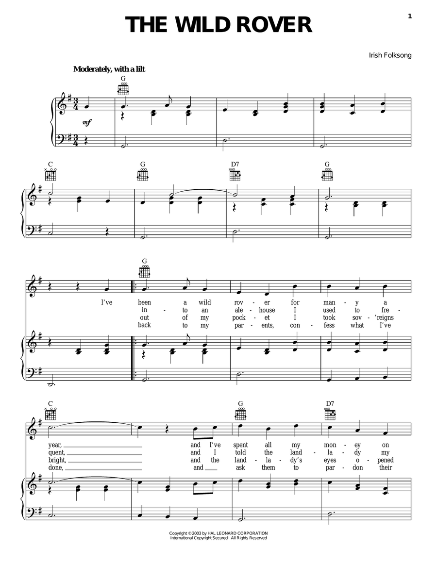 Wild Rover Piano, Vocal, Guitar scores gallery preview page 1