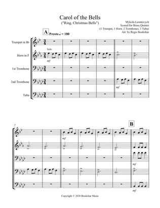 Book cover for Carol of the Bells (F min) (Brass Quintet - 1 Trp, 1 Hrn, 2 Trb, 1 Tuba)