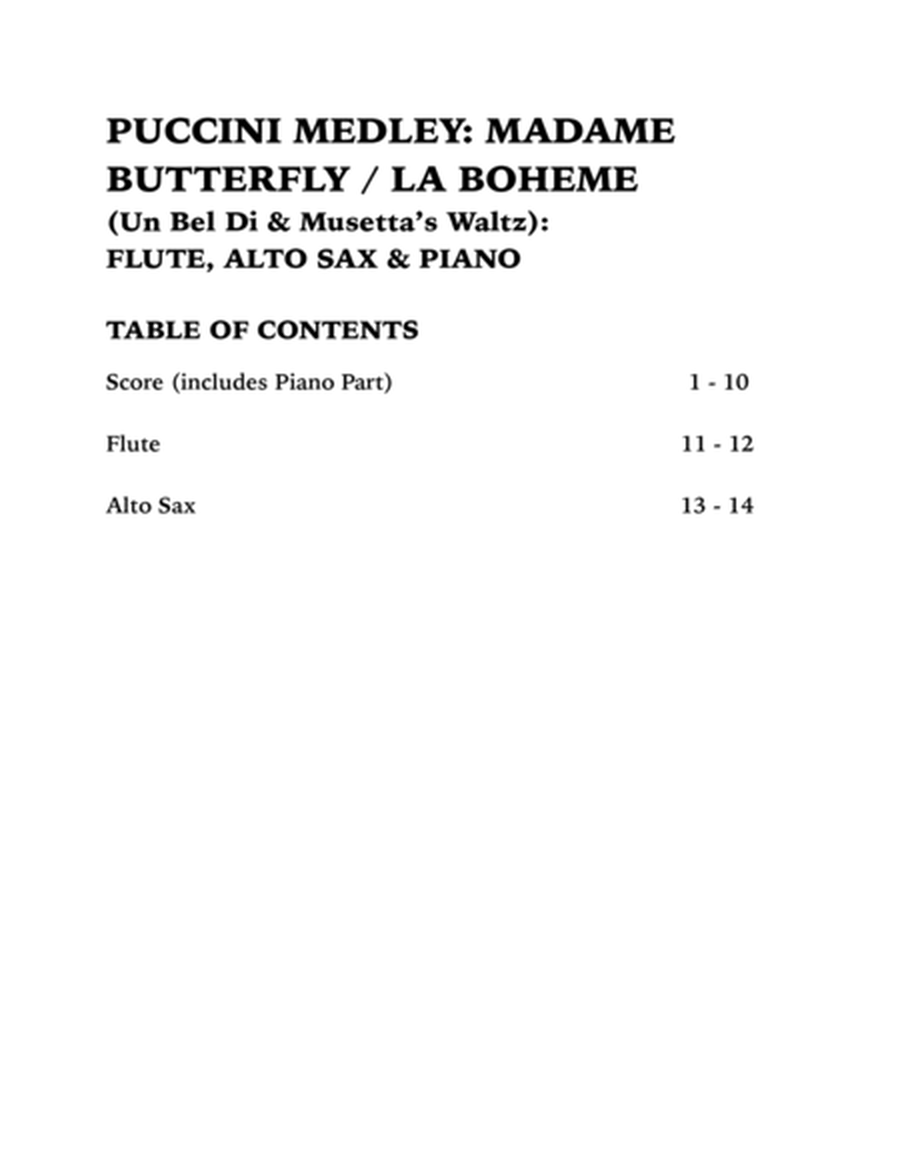 Puccini Medley: Un Bel Di (Madame Butterfly) / Musetta's Waltz (La Boheme): Flute, Alto Sax & Piano image number null
