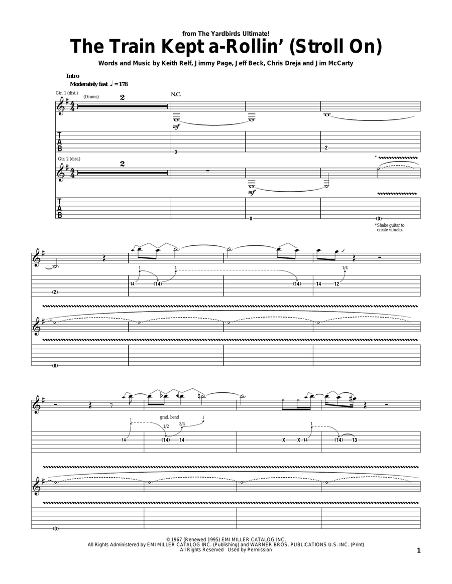 The Train Kept A-Rollin' (Stroll On) Guitar Tablature scores gallery preview page 1