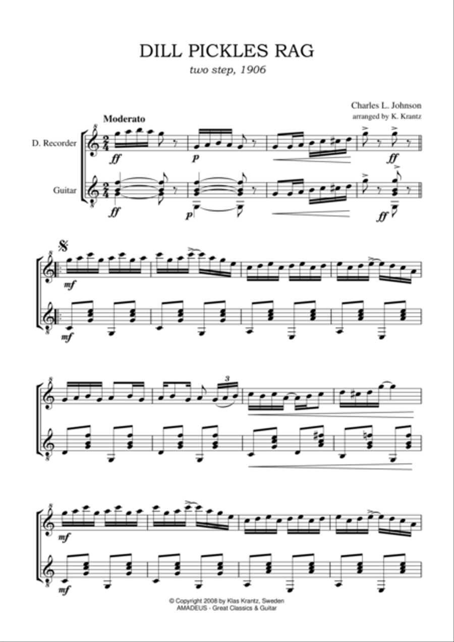 Dill Pickles Rag for descant recorder and guitar Small Ensemble scores gallery preview page 1