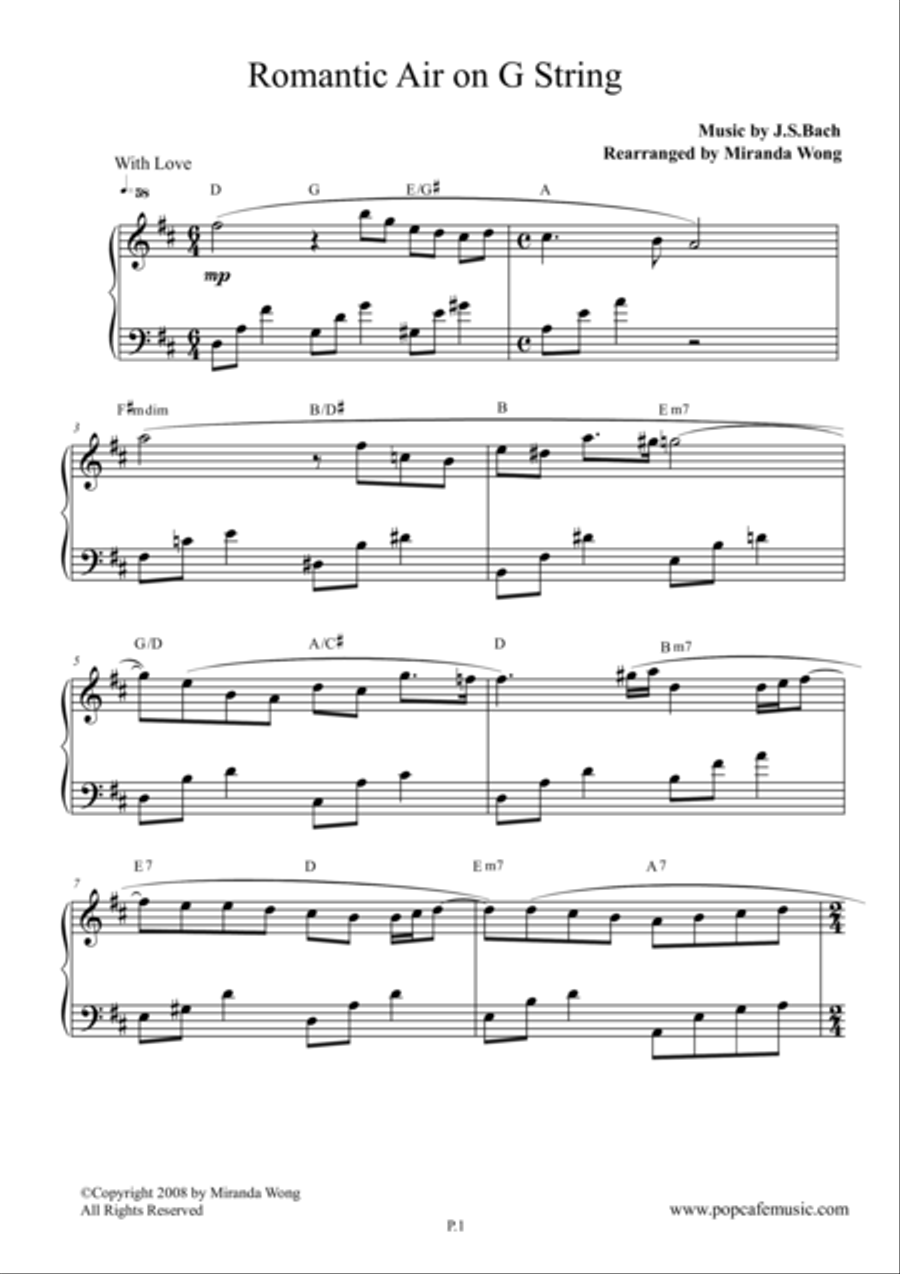 Romantic Air on G String (Love Version) in D Easy Piano scores gallery preview page 1