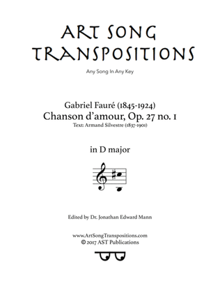 Book cover for FAURÉ: Chanson d'amour, Op. 27 no. 1 (transposed to D major)