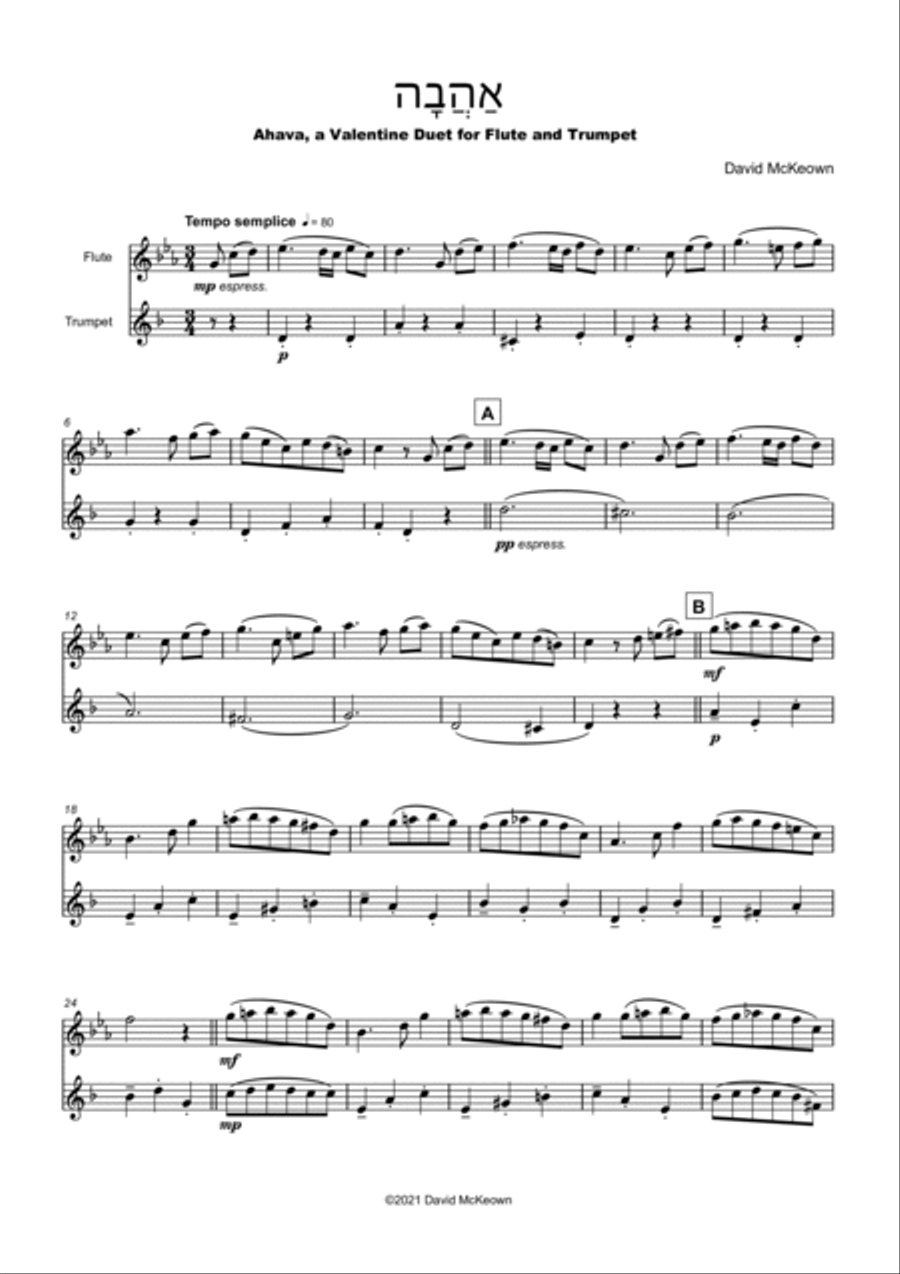 אַהֲבָה (Ahava, Hebrew for Love), Flute and Trumpet Duet Flute scores gallery preview page 2