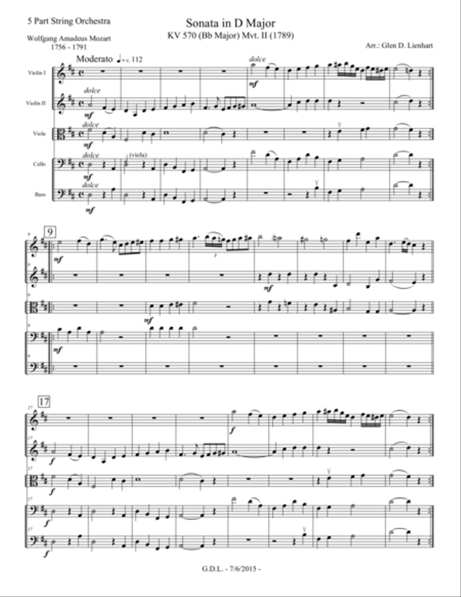 Sonata in D Major K.570 String Orchestra scores gallery preview page 1
